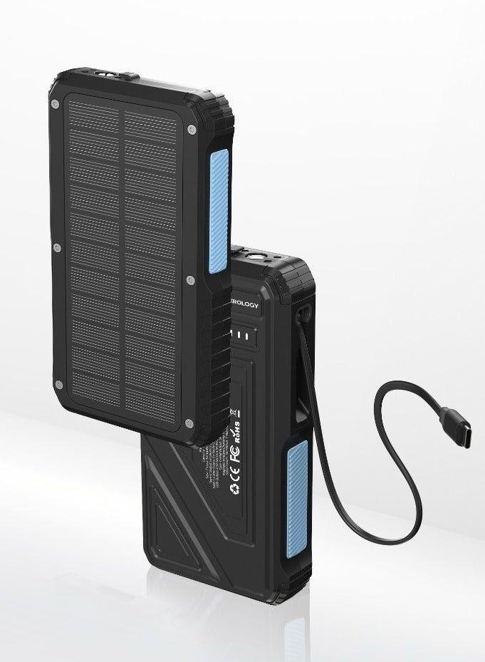 Powerology Power Bank 20000mAh Solar Wireless Charging PD 20W with 70mm Retractable Type-C/ 4-Device Charging / 22.5W USB-A Output / Li-Polymer Battery / 5H Full-Charge Time / Multi-Mode Flashlight - Black - Image 1